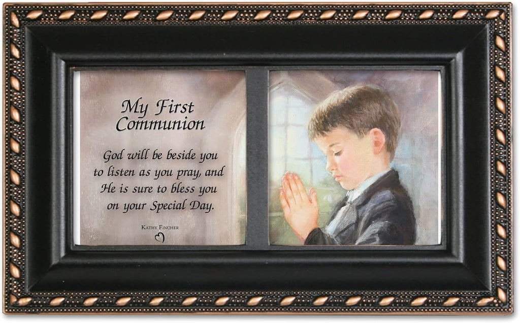 First Communion God Beside You Matte Black Rope Trim Petite Music Box Plays Handel's Hallelujah