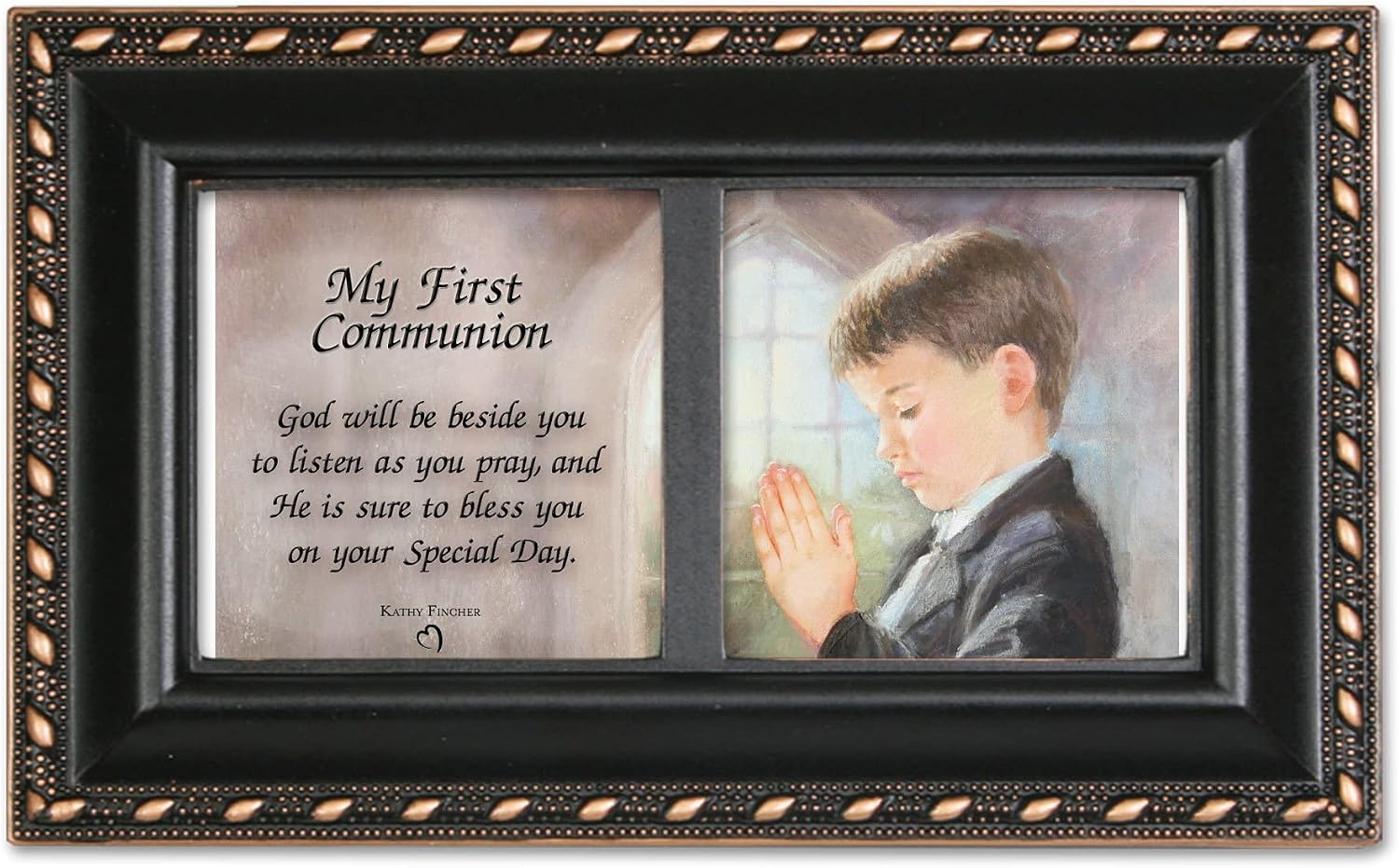 First Communion God Beside You Matte Black Rope Trim Petite Music Box Plays Handel's Hallelujah