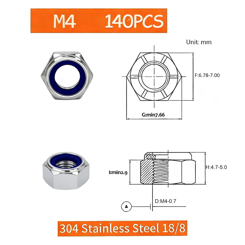 M4-0.7mm Locknuts,140PCS 304 (A2-70) Stainless Steel Nylon Insert Lock Nuts,Standard Metric Thread Nylock Nuts
