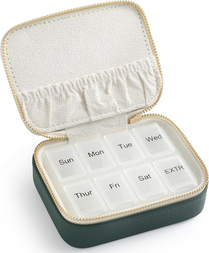 Genuine Leather Travel Pill Organizer Box Case 1 Times a Day for Purse for Women, Cute Medicine Pill Holder