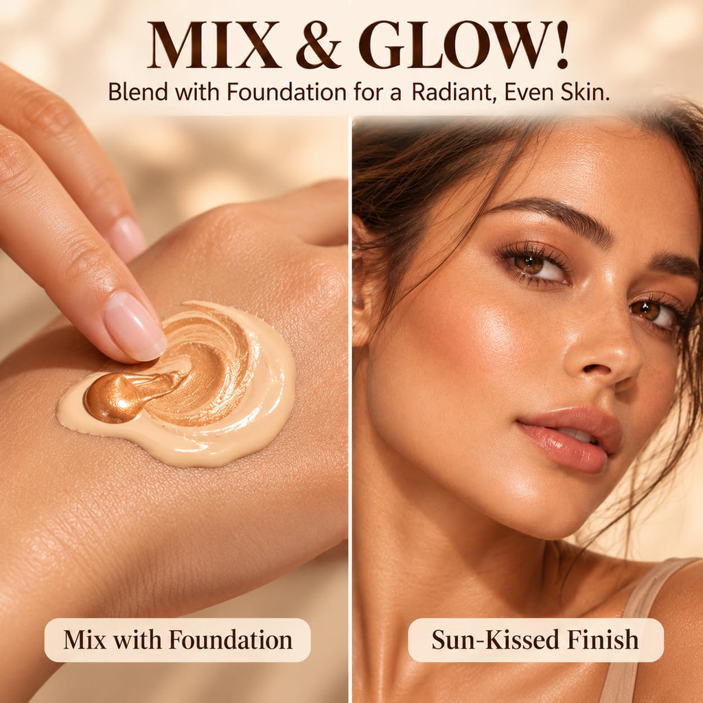 Bronzing Drops for Face & Body, Liquid Bronzer & Highlighter, Lightweight Buildable Shimmer Makeup, Mix with