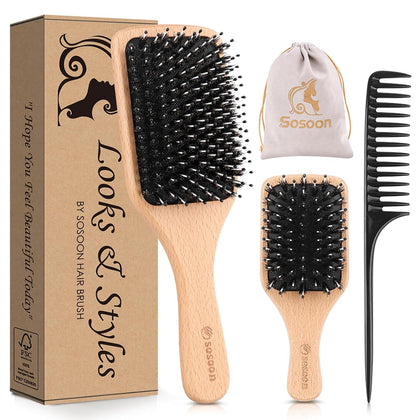 Hair Brush, 2 Pack Boar Bristle Paddle Hairbrush for Women Men Kids Reducing Frizzy, No More Tangle, Small Travel