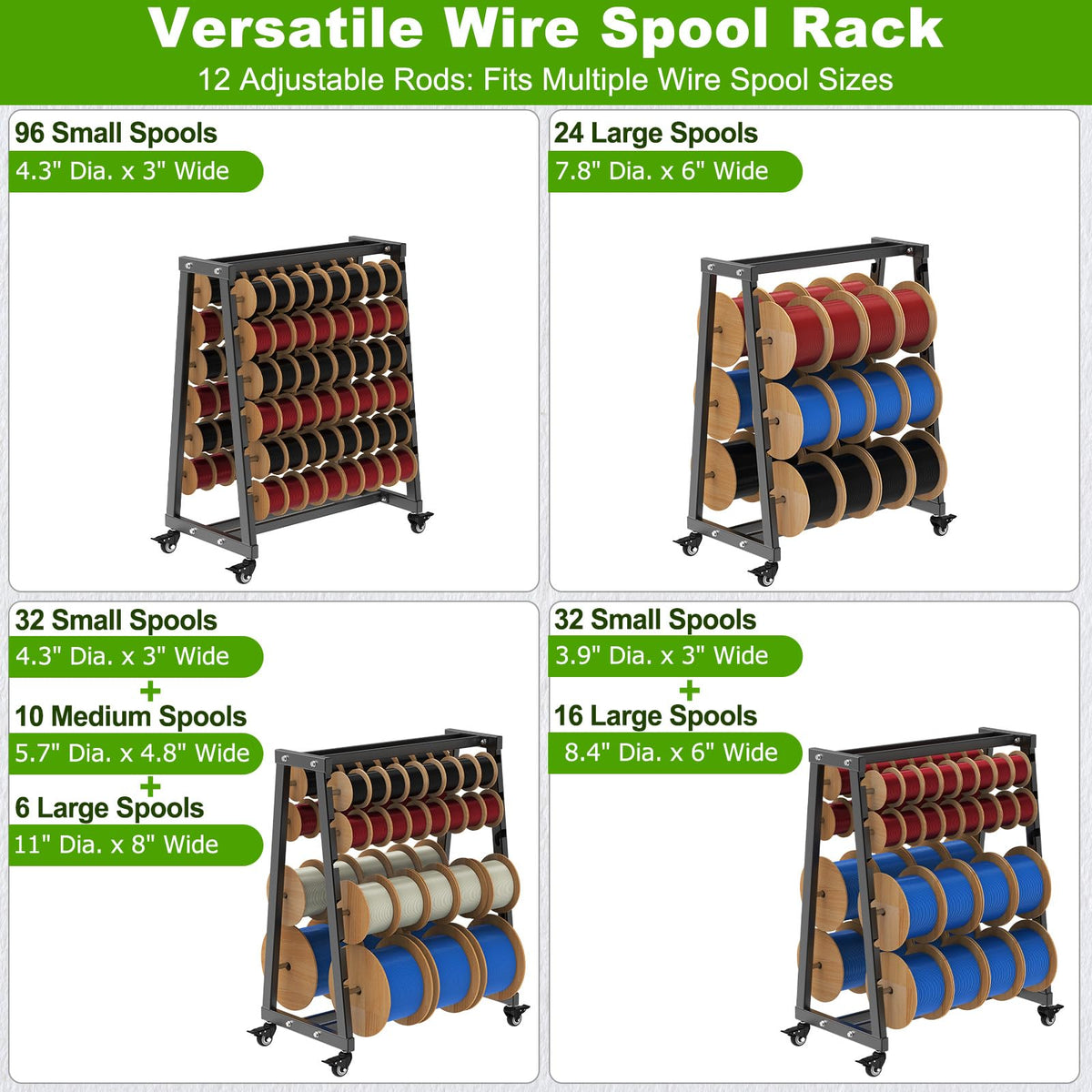 Heavy-Duty 12-Rod Wire Spool Rack, Wire Cart with Locking Wheels