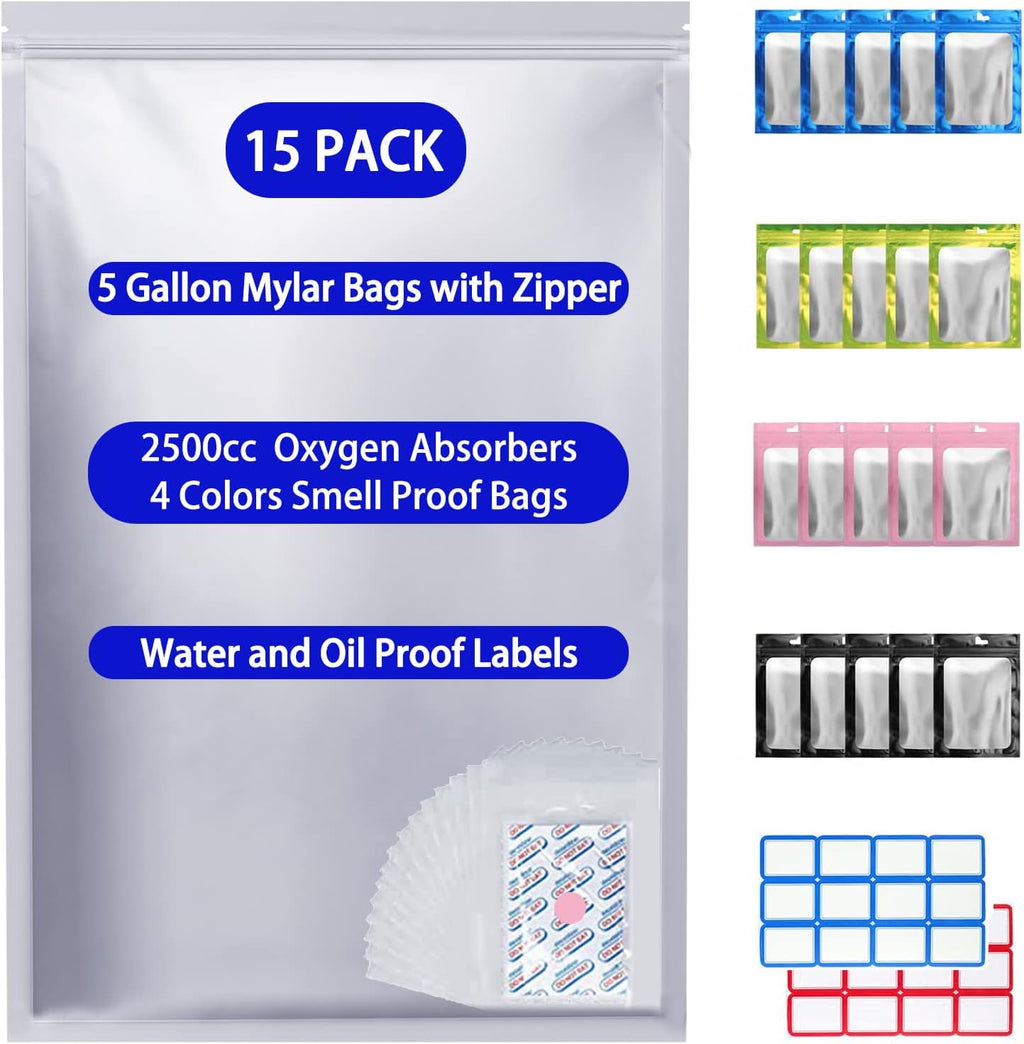 5 Gallon Mylar Bags with Oxygen Absorbers for Food Storage | 15x 5-Gal + 20x 1/2Pt Mylar bags, 15x 2500cc absorbers