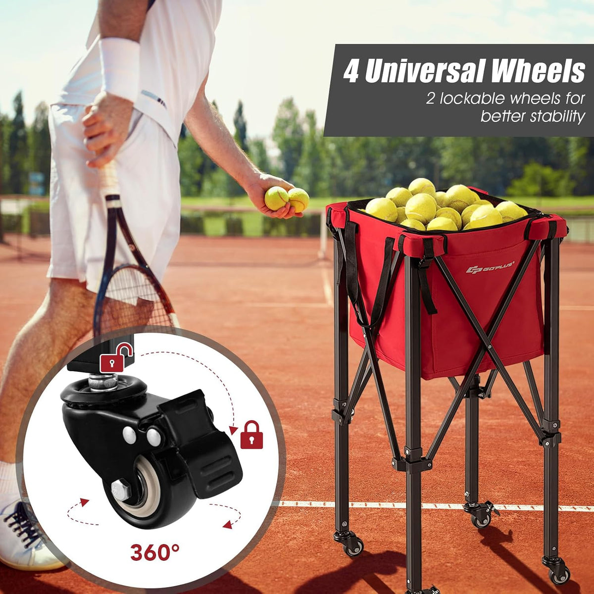 Foldable Tennis Ball Hoppers, Lightweight Aluminum Tennis Ball Basket with Wheels, Removable Bag, Side Pockets, Carry