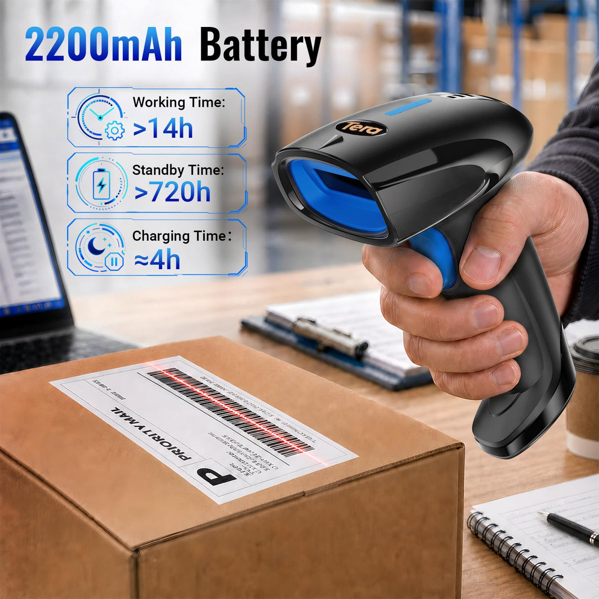 Barcode Scanner 1D Laser Wireless: BT 2.4G USB Handheld Reader, 4100