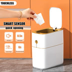 Smart Bathroom Trash Can with Lid, 3.6 Gallon Slim Motion Gold Sensor Garbage Bin with Inner Bucket, Trash Can with