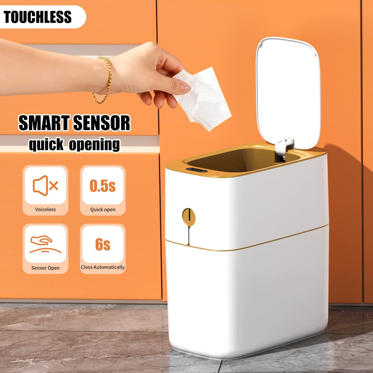 Smart Bathroom Trash Can with Lid, 3.6 Gallon Slim Motion Gold Sensor Garbage Bin with Inner Bucket, Trash Can with