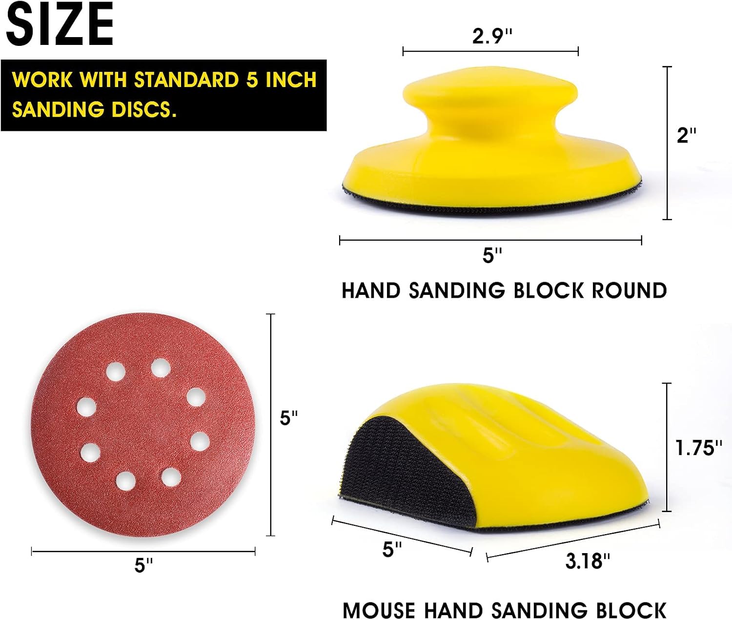 Sanding Blocks 5 Inch Hook and Loop Sanding Block 2 PCS Round and Mouse Hand Sanding Block for Wood Furniture