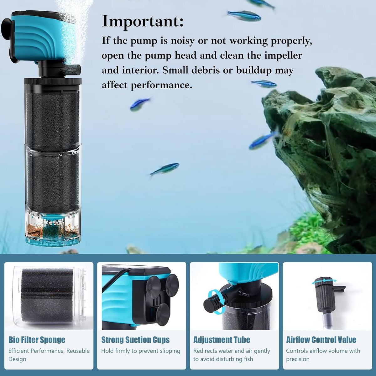 Submersible Aquarium Filter, Upgraded 50-150 Gallon Fish Tank Filter with Fish Guard, Internal Quiet Pump for Turtle