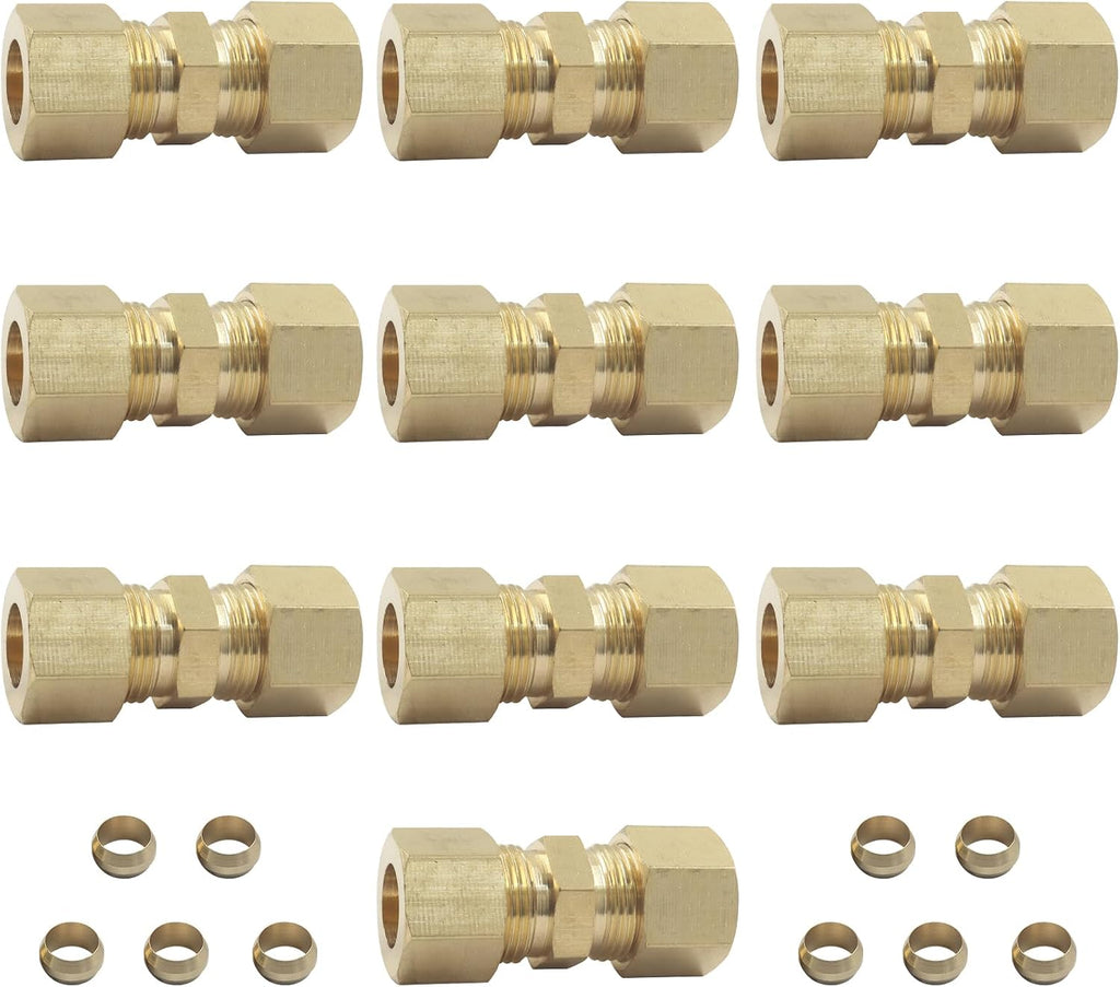 Brass Compression Tube Fitting 3/8" OD x 3/8" OD, 10 Pack
