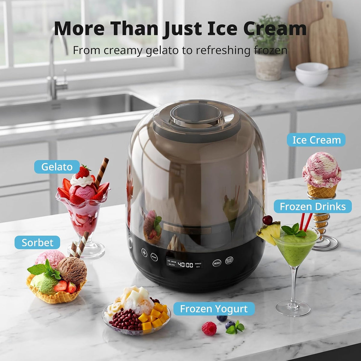 Ice Cream Maker, 2.1-Qt Ice Cream Machine with LED Display & Timer