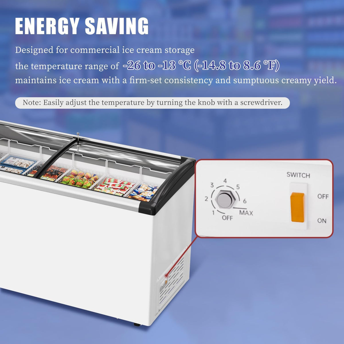 12.9cu Commercial Ice Cream Display Freezer- 6 Wire Baskets