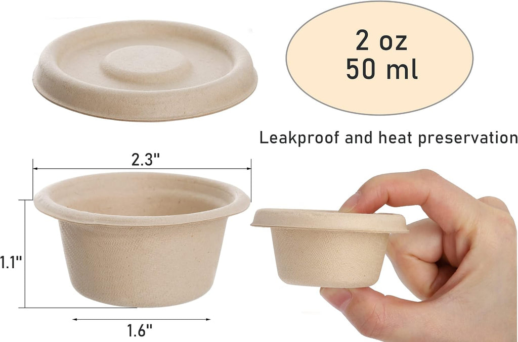 200 Pack 2 oz Natural Bagasse Fiber Cups with Lids, 2.3'' x 1.1''(H) x 1.6'' Paper Tasting Cups Disposable Sample