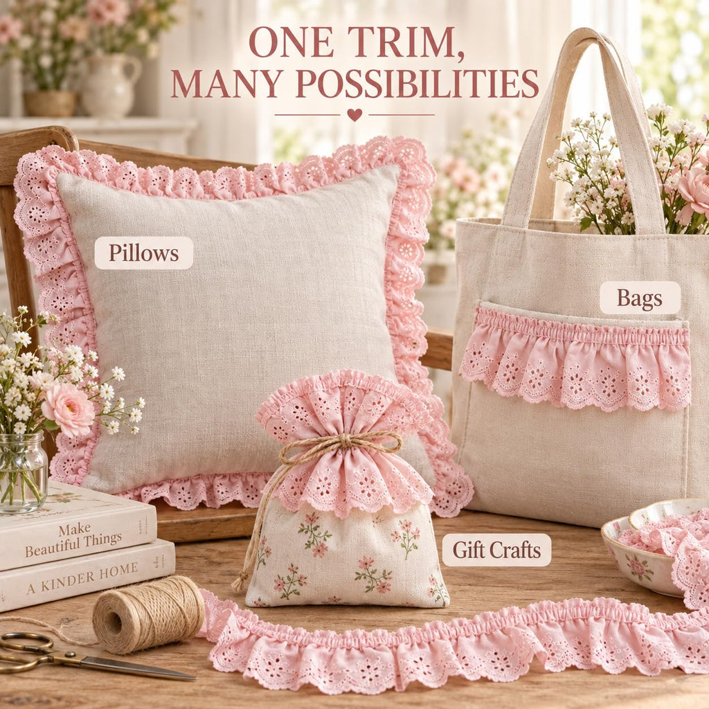 Cotton Eyelet Ruffle Trim 2''x 4 Yds for Sewing Pink