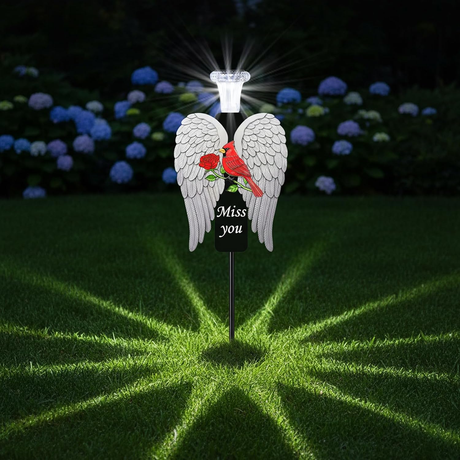 20-Inch Solar Angel Wings Memorial Stake with Red Cardinal - Metal Cemetery Decorations for Grave, Father's Day