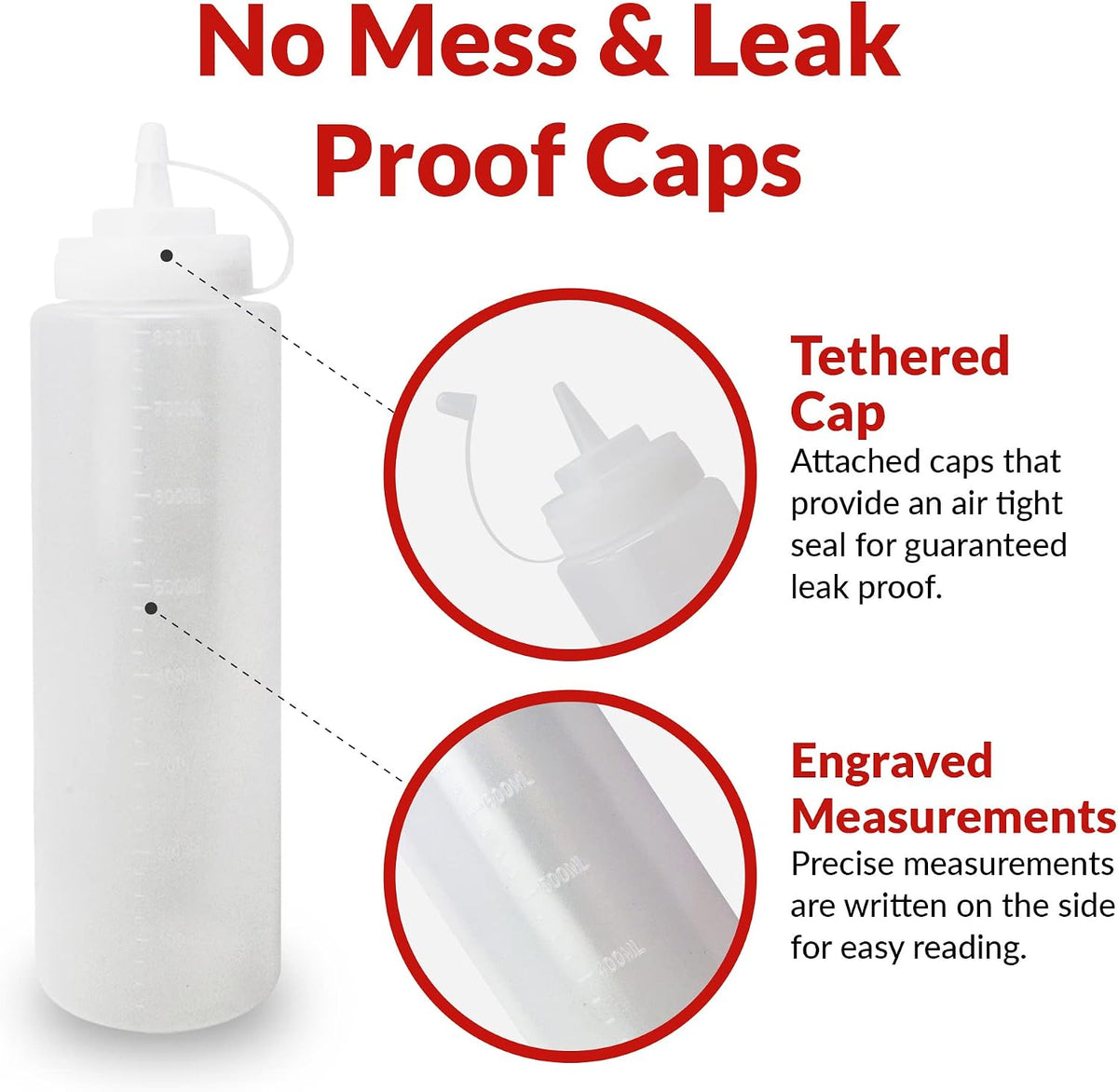 Plastic Squeeze Bottles 32 oz. | 8 Pack | Clear w/Tethered Caps