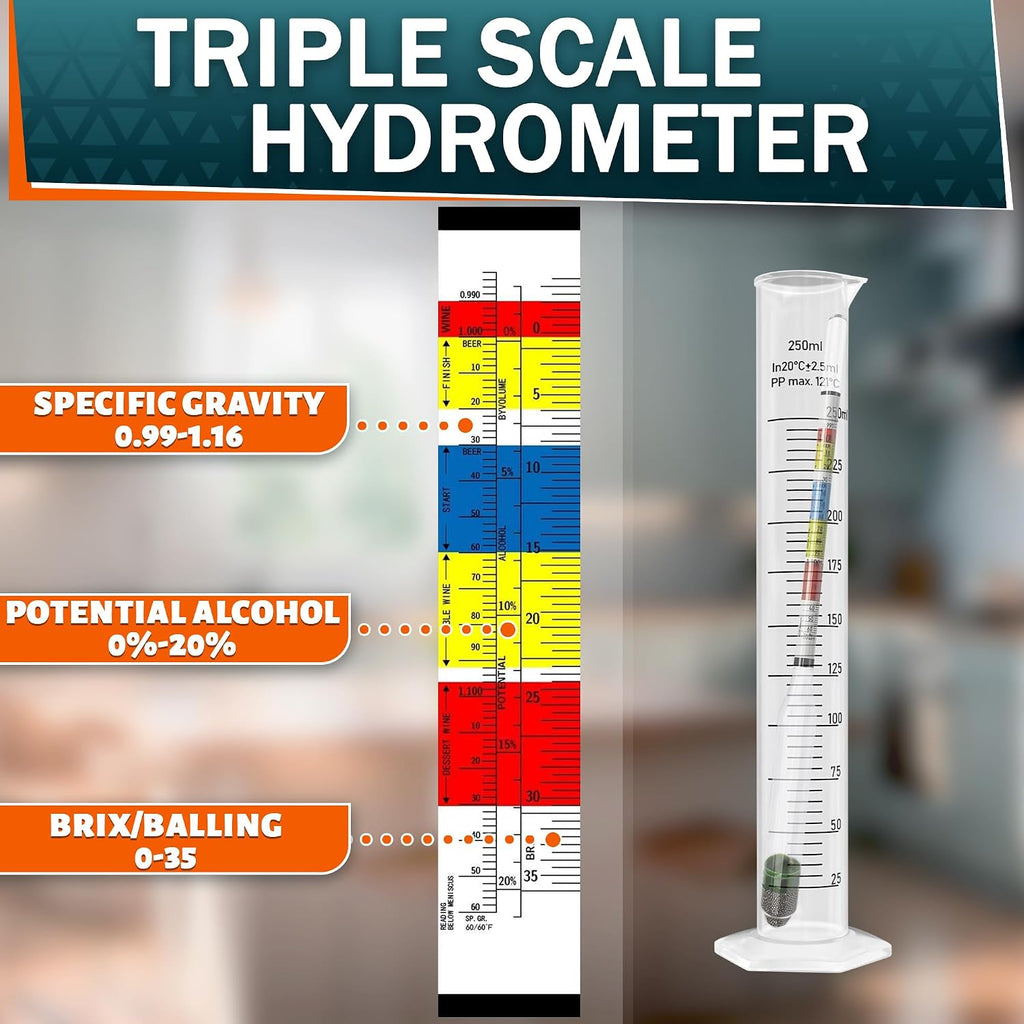 Triple Scale Hydrometer Alcohol Kit for Fermentation Tracking in Beer & Mead, Hydrometer For Wine Making, Cider