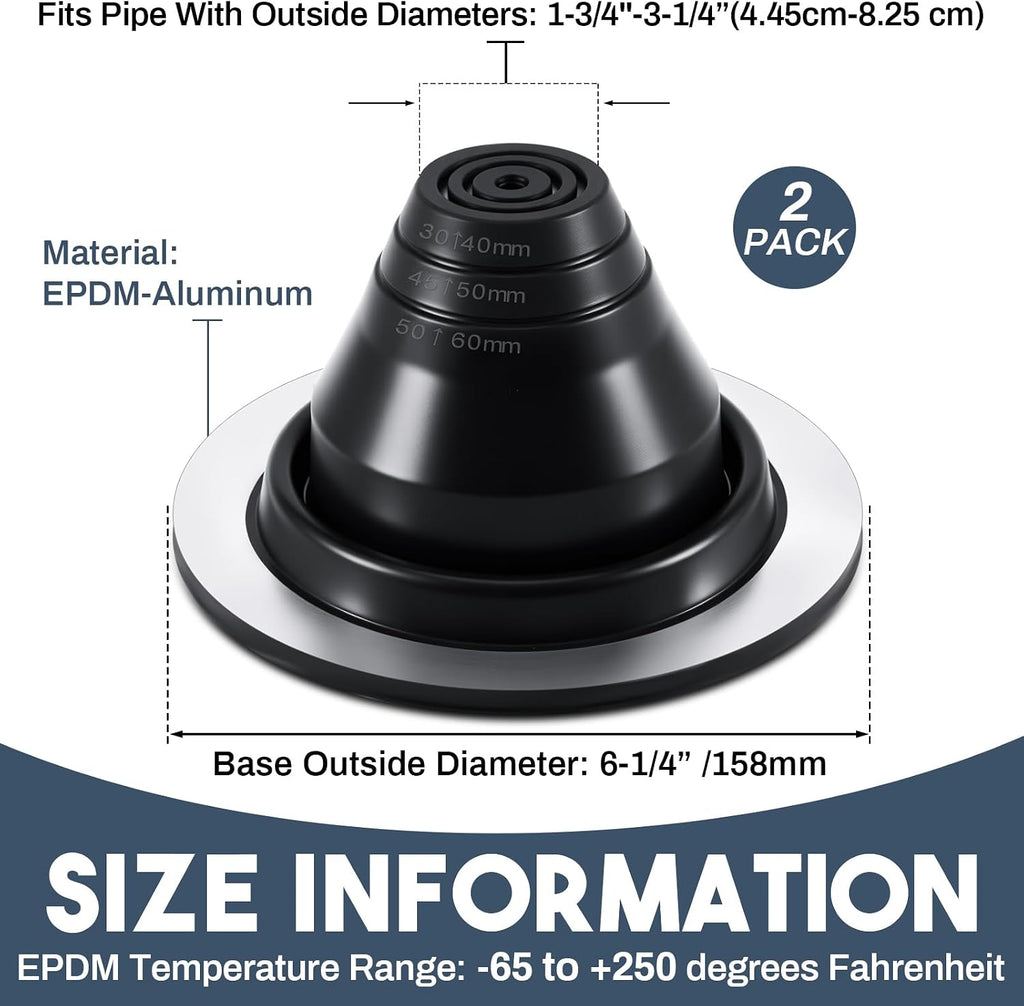 2 Pcs #1 Metal Roof Jack Pipe Flashing Boot,EPDM Flexible Vent Black
