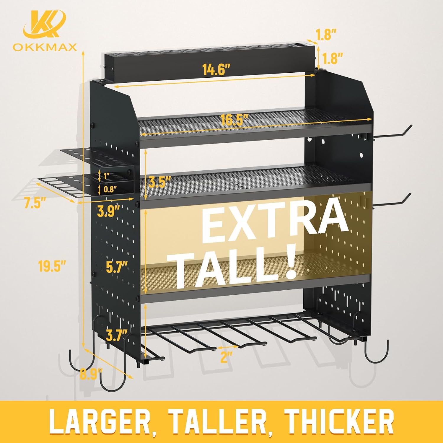 Drill Holder Wall Mount with 8-Outlet Charging Station, 190lbs Load 4 Layers Carbon Steel Heavy Duty Power Tool