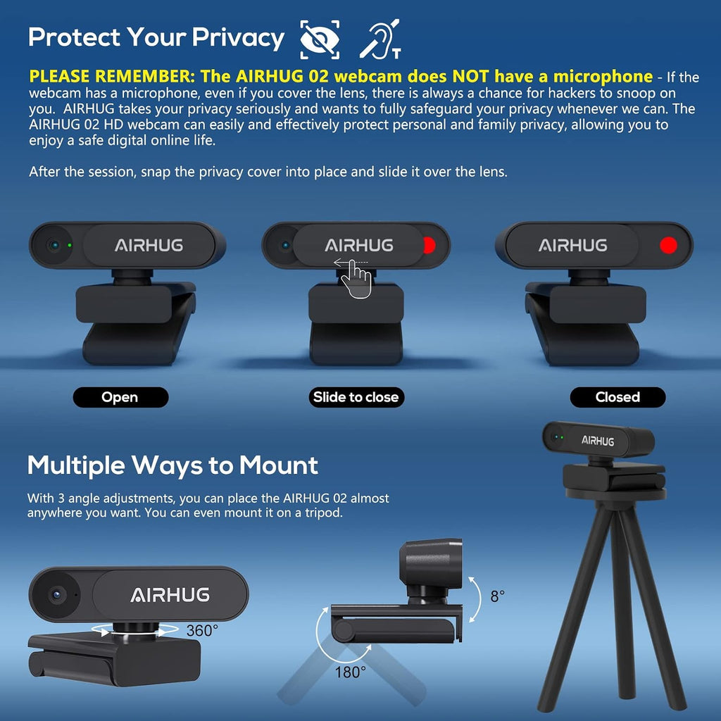 2K Webcam No Mic with Privacy Cover, USB Camera for Computer | Plug & Play, Without Audio, 78° Wide-Angle