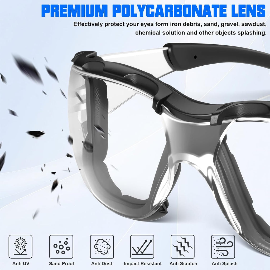 Safety Glasses for Men, ANSI Z87.1 Anti-Fog Impact Resistant Protective Eyewear, Foam Gasket, UV Protection