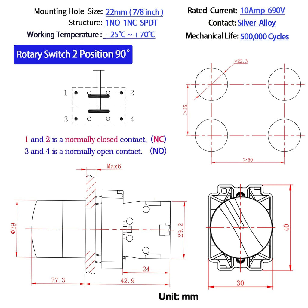 10Amp 22mm 2 Position Rotary Selector Switch 10A 660VAC SPDT 1NO 1NC Latching, IP65 Waterproof, 7/8" Panel Mount Industrial Switch