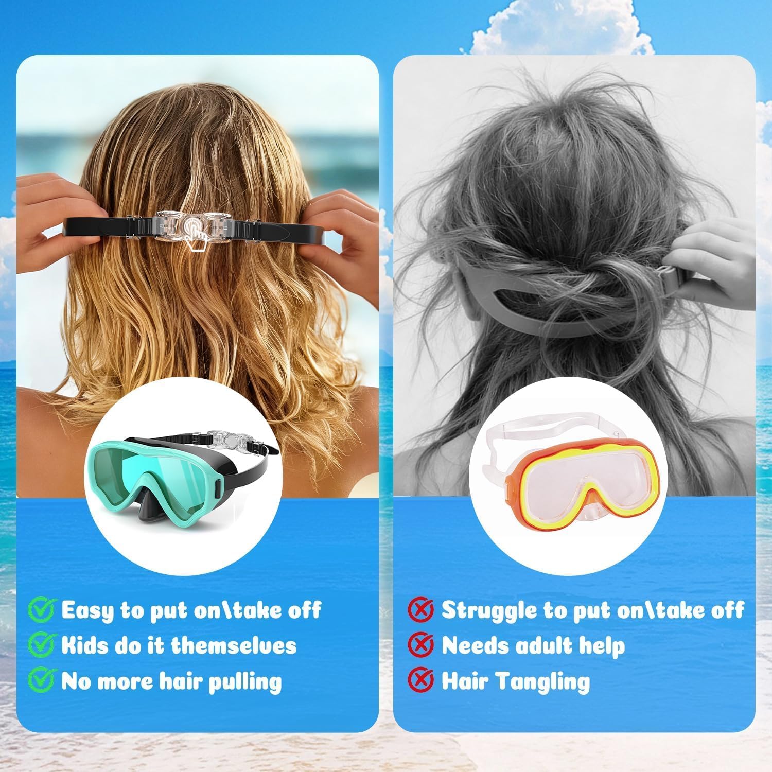 2 Packs Kids Goggles with Nose Cover, 180° Wide View Swimming Goggles for Kids 4-16, No More Hair Snags Anti-Fog
