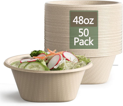 Large Disposable Bowl - Heavy Duty Paper Bowls - Made from Sugarcane and Bamboo Fiber, Microwave Safe - 48 Oz Paper