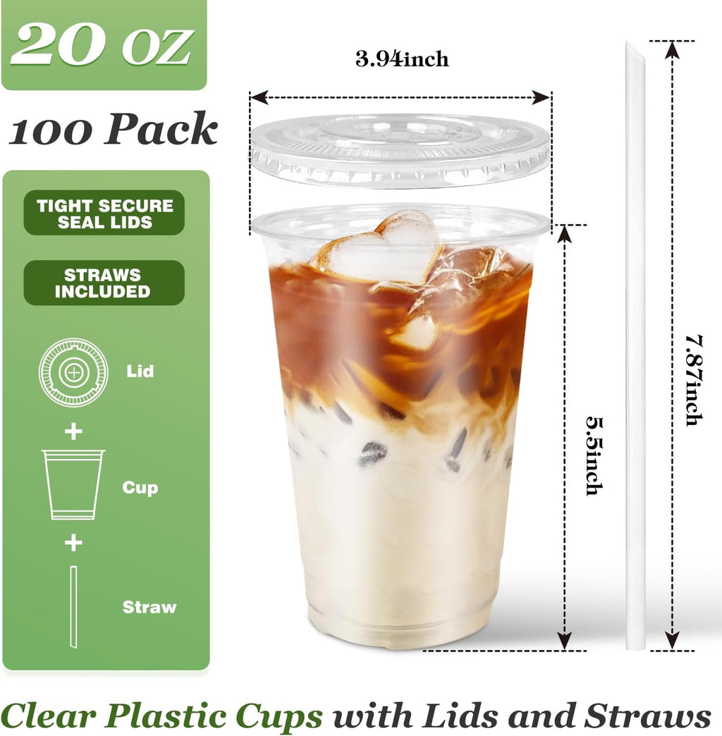 100 Sets- 20 oz Clear Plastic Cups with Lids and Straws