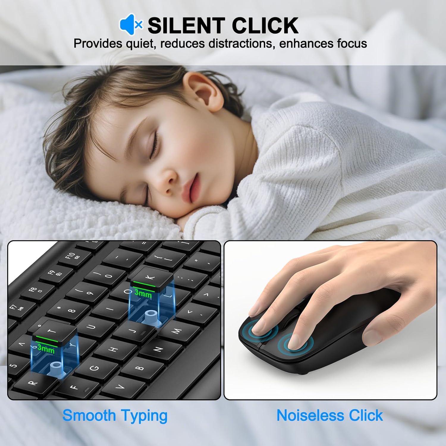 Wireless Keyboard and Mouse Combo, Full-Size Silent Ergonomic Keyboard and Optical Mouse, Long Battery Life, 2.4GHz