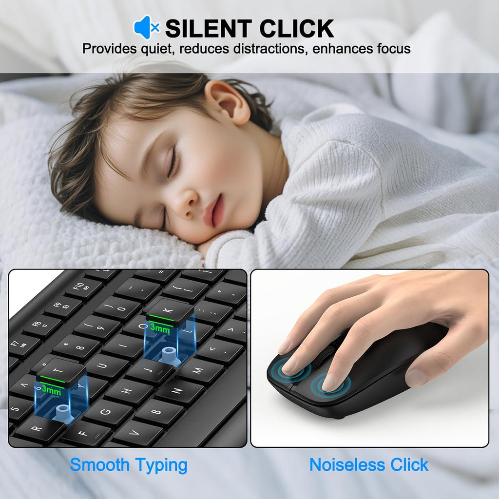 Wireless Keyboard and Mouse Combo, Full Size Silent Ergonomic Keyboard and Mouse, Long Battery Life, Optical Mouse