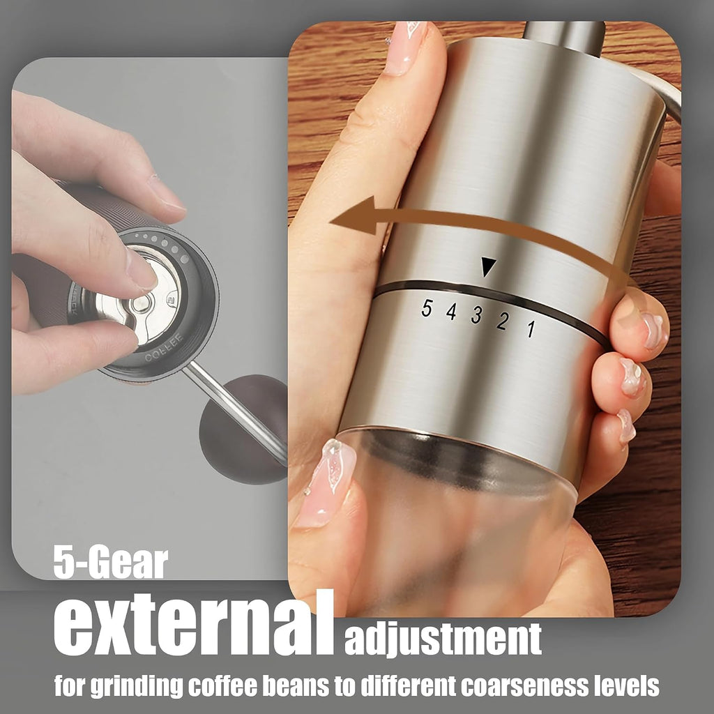 Manual Coffee Grinder, 5 External Settings, Ceramic Conical Burr | External adjustment ring for quick grind changes;