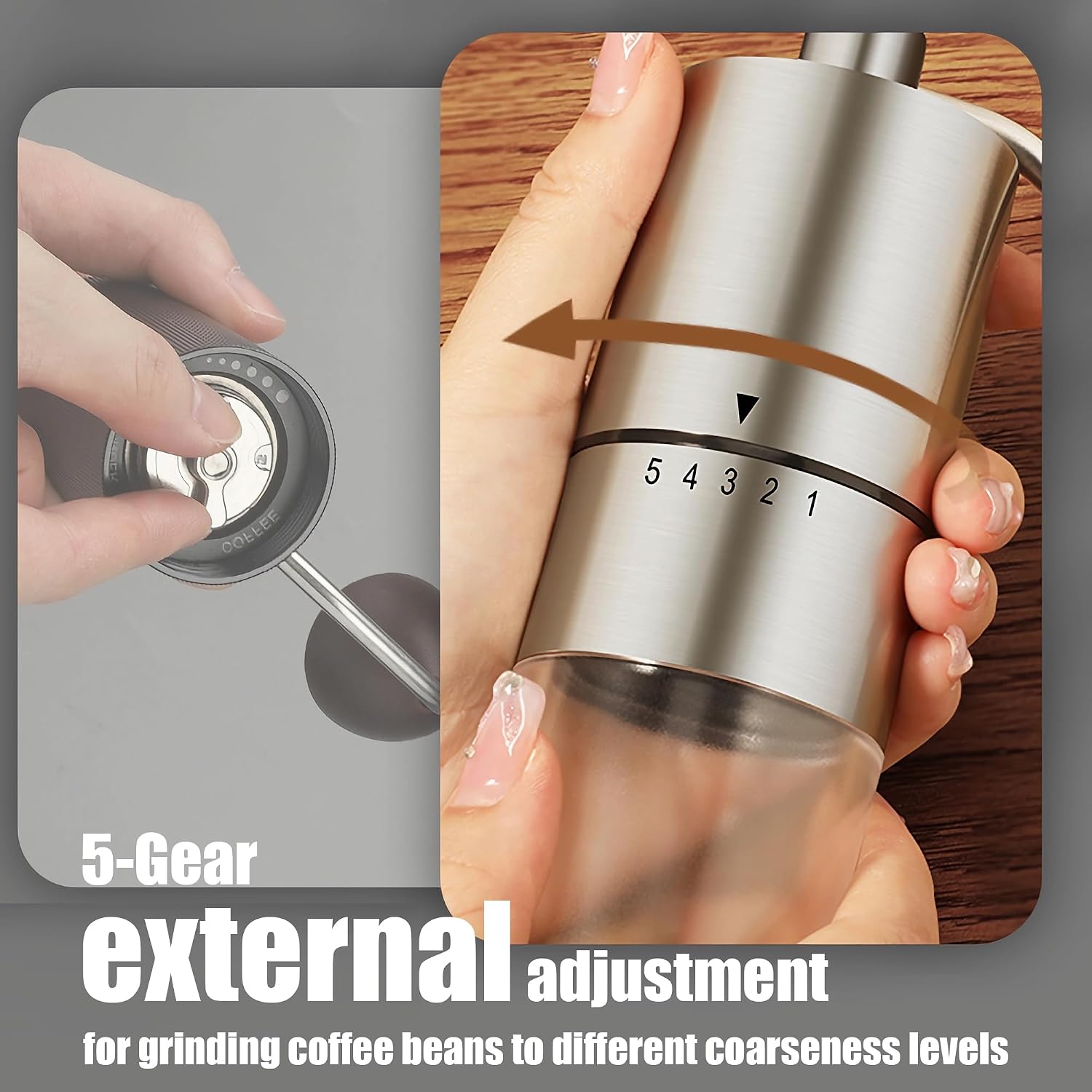 Manual Coffee Grinder, 5 External Settings, Ceramic Conical Burr | External adjustment ring for quick grind changes;