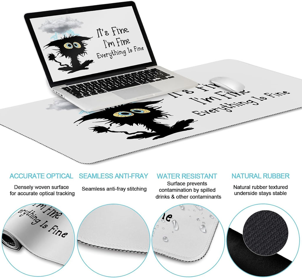 Large Gaming Mouse Pad Desk Mat Set, Funny Black Cat Desk Decor | Ergonomic Gel Wrist Rest, Computer Keyboard Mat