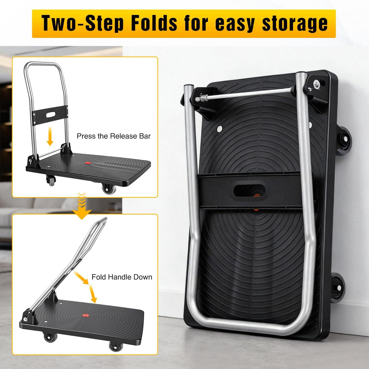 Foldable Platform Cart 220 lbs Push Dolly with 3 Inch PU Wheels PP Deck Flatbed Cart for Home Garage Office Use Black