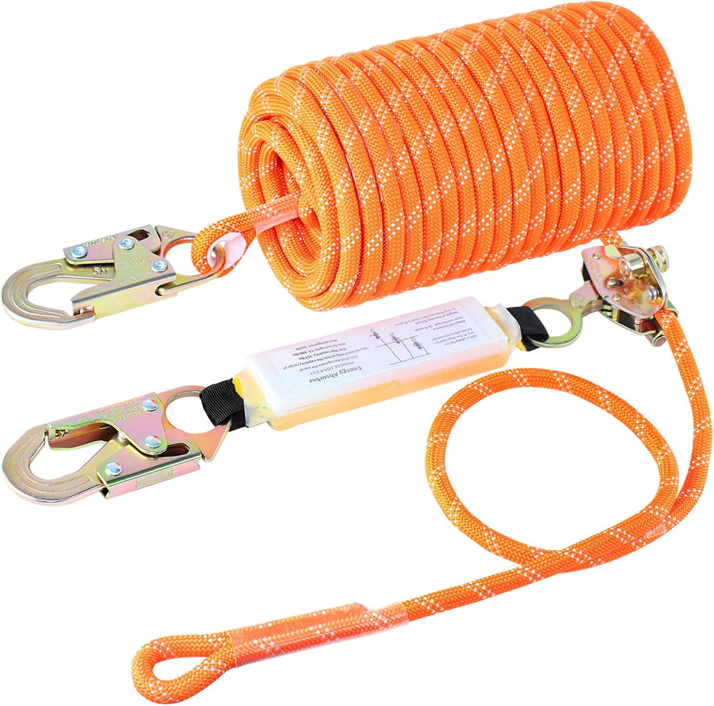 100FT Fall Protection Safety Rope, Heavy Duty Vertical Roofing Rope | Rope Harness Safety Lanyard with Grab Snap