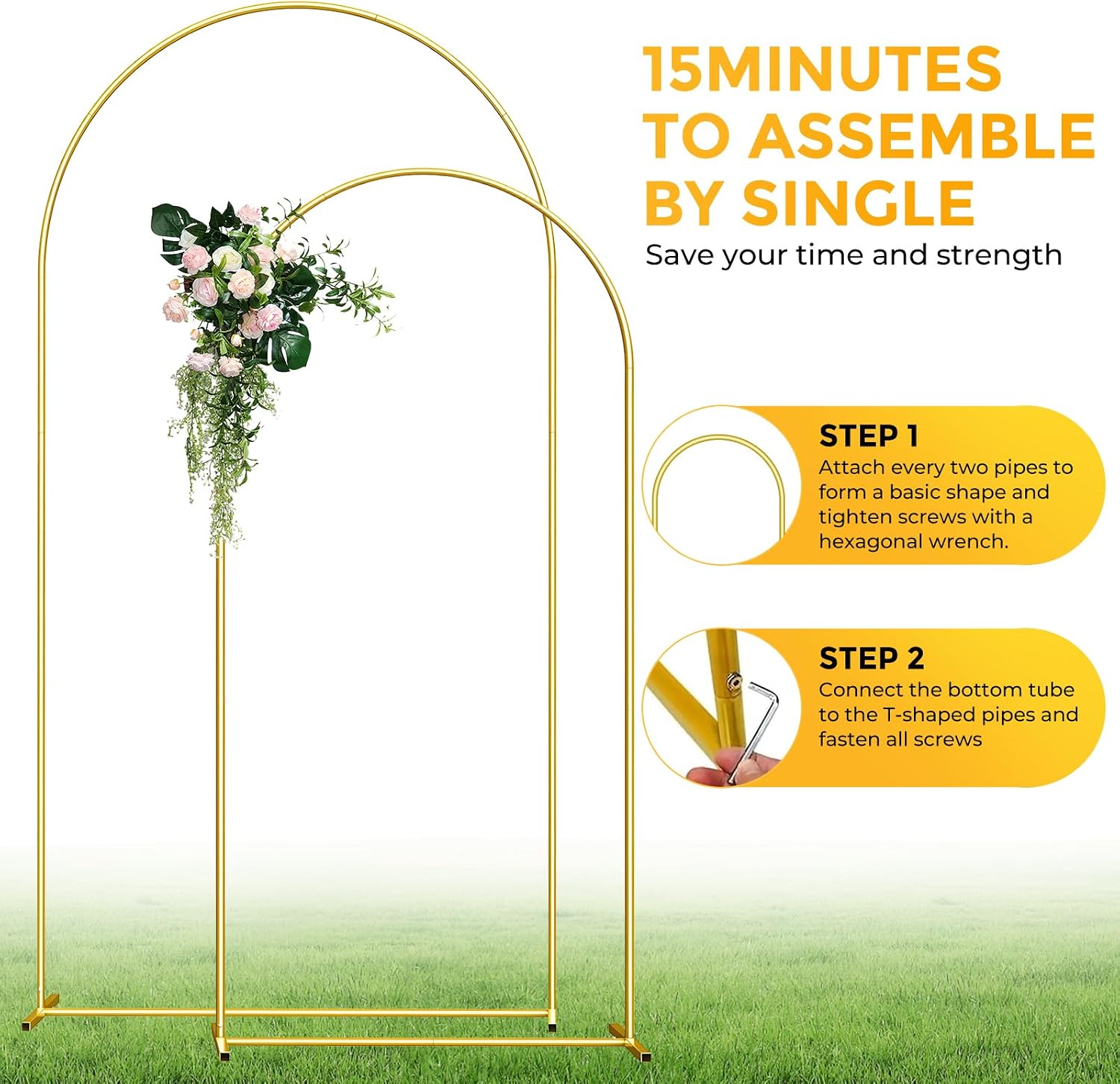Metal Arch Backdrop Stand, 7.2FT+6FT Wedding Arch Frame, Gold Wedding Arch Backdrop Stand Set of 2, Balloon Arch