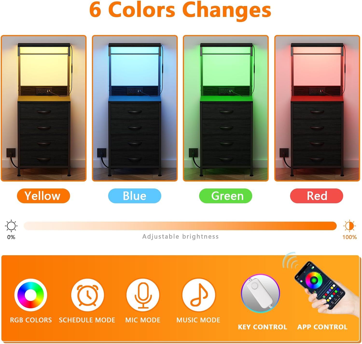 Nightstands Set of 2, 38" Tall Bedside Table with Charging Station | Charging Station & RGB LED Lights, 4 Fabric