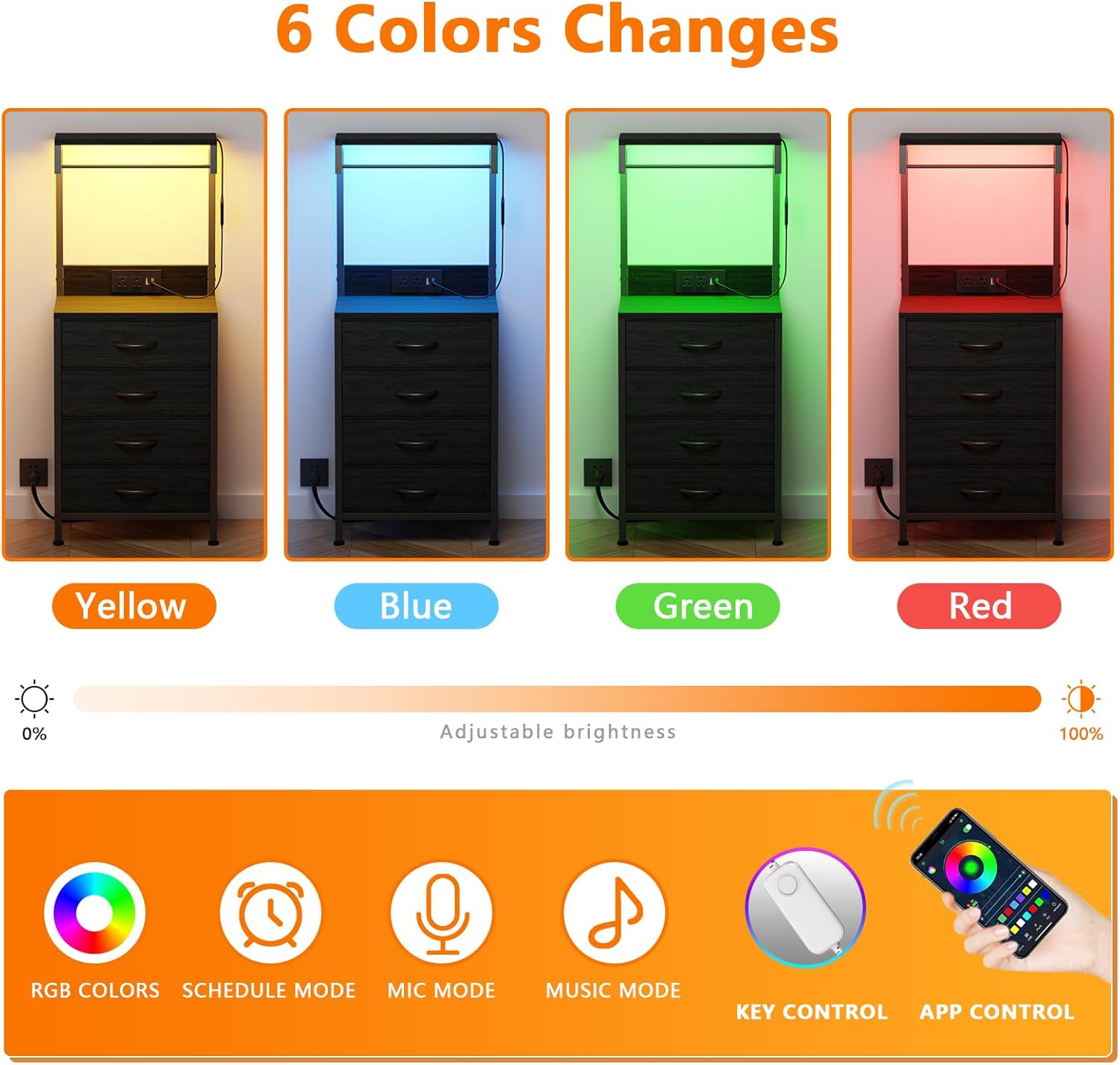 Tall Nightstand with Charging Station, Bed Side Table & End Table | 4 Fabric Drawers and Storage Wood Shelves, Dorm