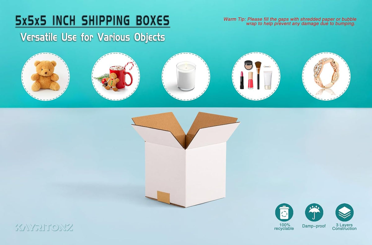 5x5x5 inch Small Shipping Boxes, 5 x 5 White Box, 30 Pack