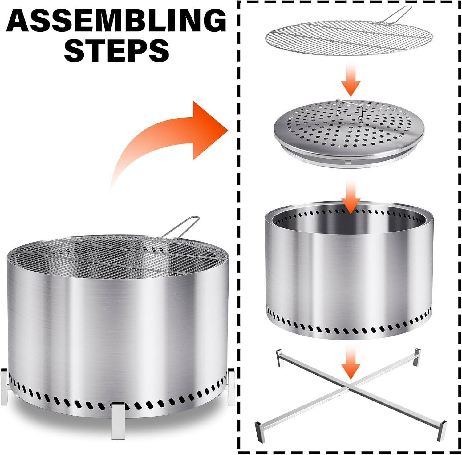 28 Inch Smokeless Firepit with Stand & Grill Rack, Large Stainless Steel Fire Pit, Wood Burning Firepit for Patio