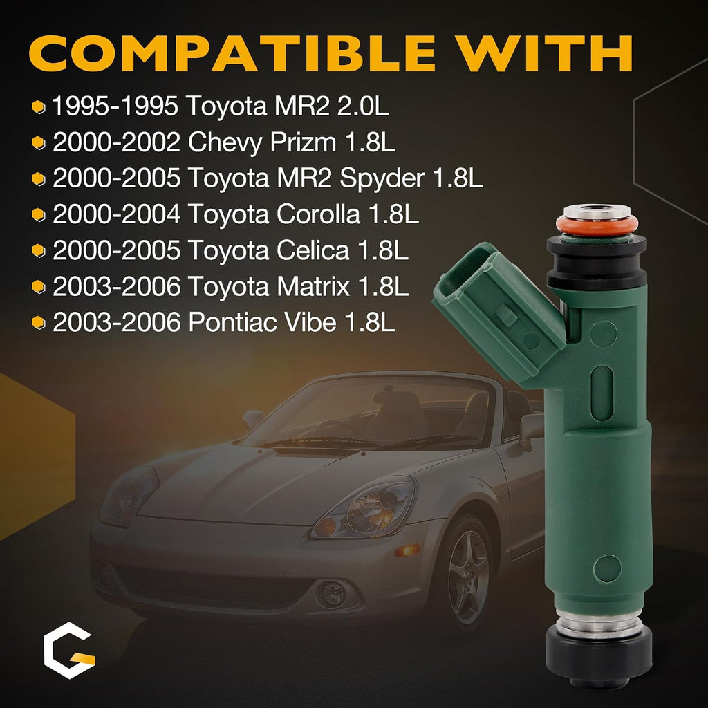 Fuel Injector 12 Holes 4Pcs | 1.8L L4 Gas DOHC | for 2000-2005 Toyota Celica MR2 Spyder 2000-2004 Corolla 03-06 Matrix, 00-02 Chevy Prizm, 03-06 Pontiac Vibe | Replace# 23250-0D040 23250-22040 FJ415