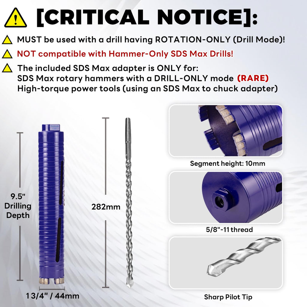 DaduoRi 1-3/4" Dry Core Drill Bit with Pilot Bit & 3 Adapters (SDS Plus/SDS Max/1/2 Hex),Upgraded-Welded Core Bits for Concrete, Masonry, Brick, Stone, Mortar - 9.5" Depth, 5/8"-11 Thread