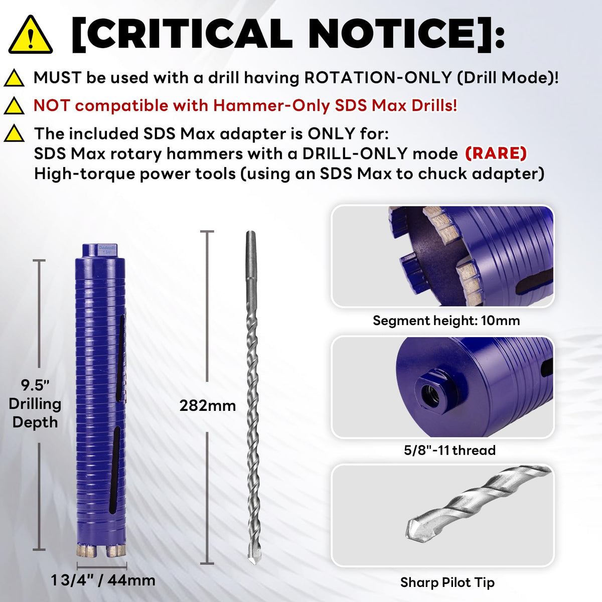 DaduoRi 1-3/4" Dry Core Drill Bit with Pilot Bit & 3 Adapters (SDS Plus/SDS Max/1/2 Hex),Upgraded-Welded Core Bits for Concrete, Masonry, Brick, Stone, Mortar - 9.5" Depth, 5/8"-11 Thread