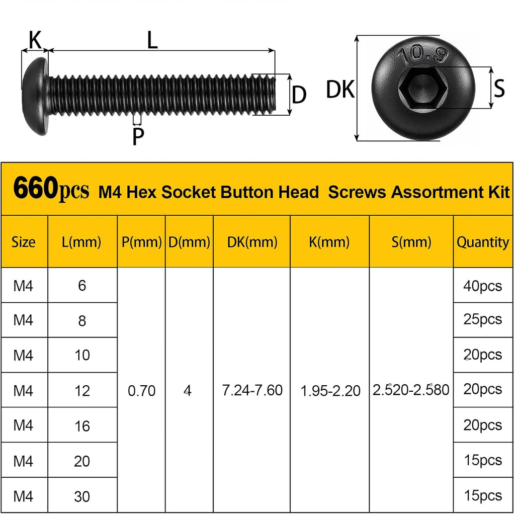 660PCS M4 Hex Button Screws Assortment Kit, M4x6/8/10/12/16/20/30 mm