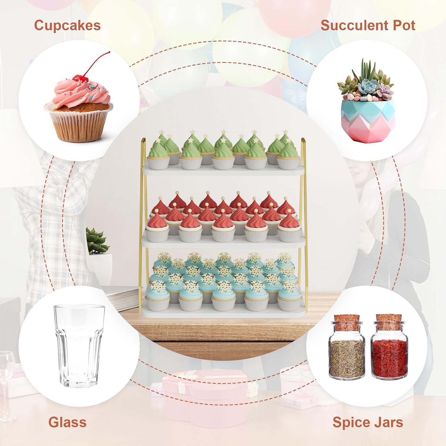 Cupcake Stand, 3-Tier Dessert Stand for 55 Cupcakes, Wood & Metal Tower Display Premium Holder Dessert Tree Tower for