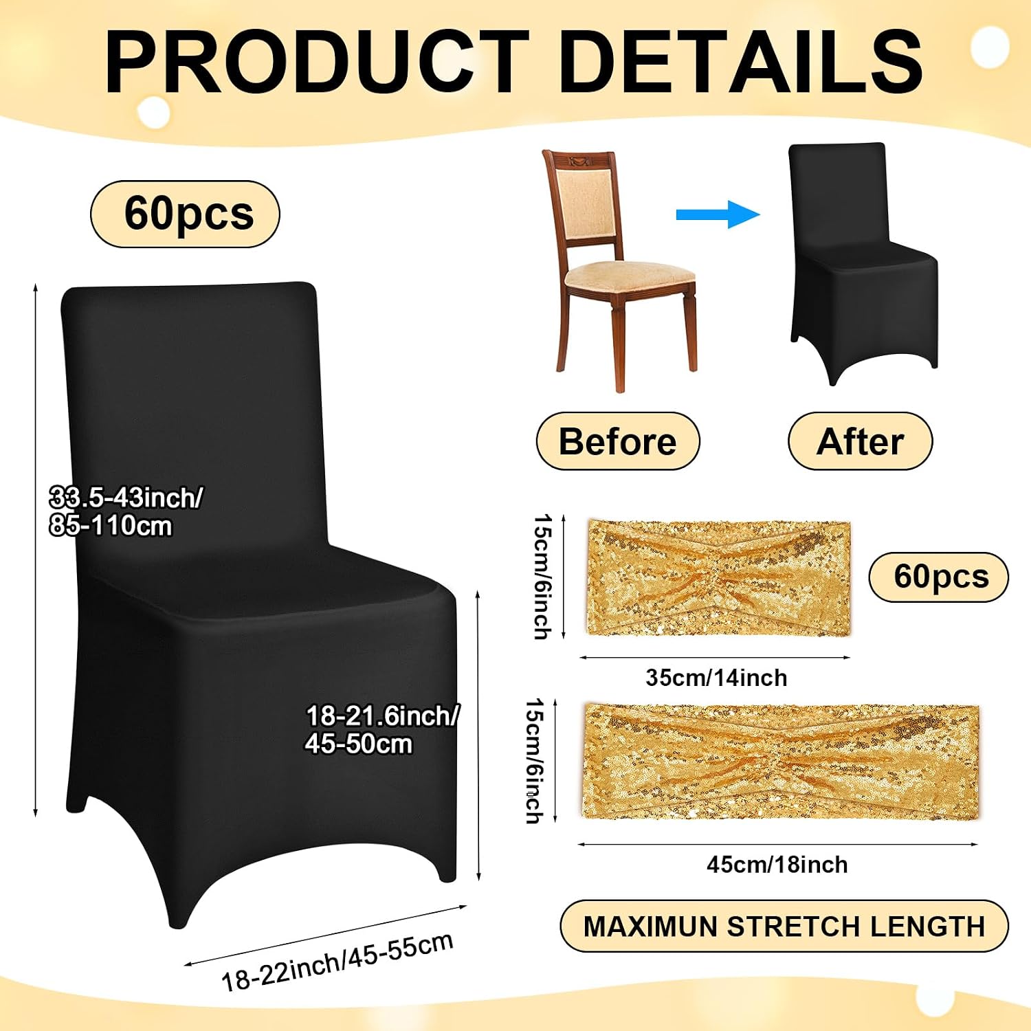 120 Pcs Chair Covers and Sashes, Stretch Spandex Chair Covers with Shiny Sashes for Wedding Party Banquet Dining
