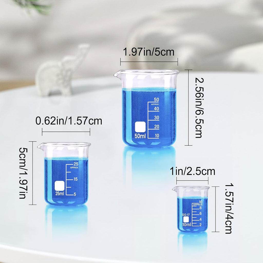 Glass Beakers Set, 5 Sizes - 10ml, 25ml, 50ml, 100ml, 250ml, 3.3 Borosilicate Beaker for Laboratories, Classrooms or