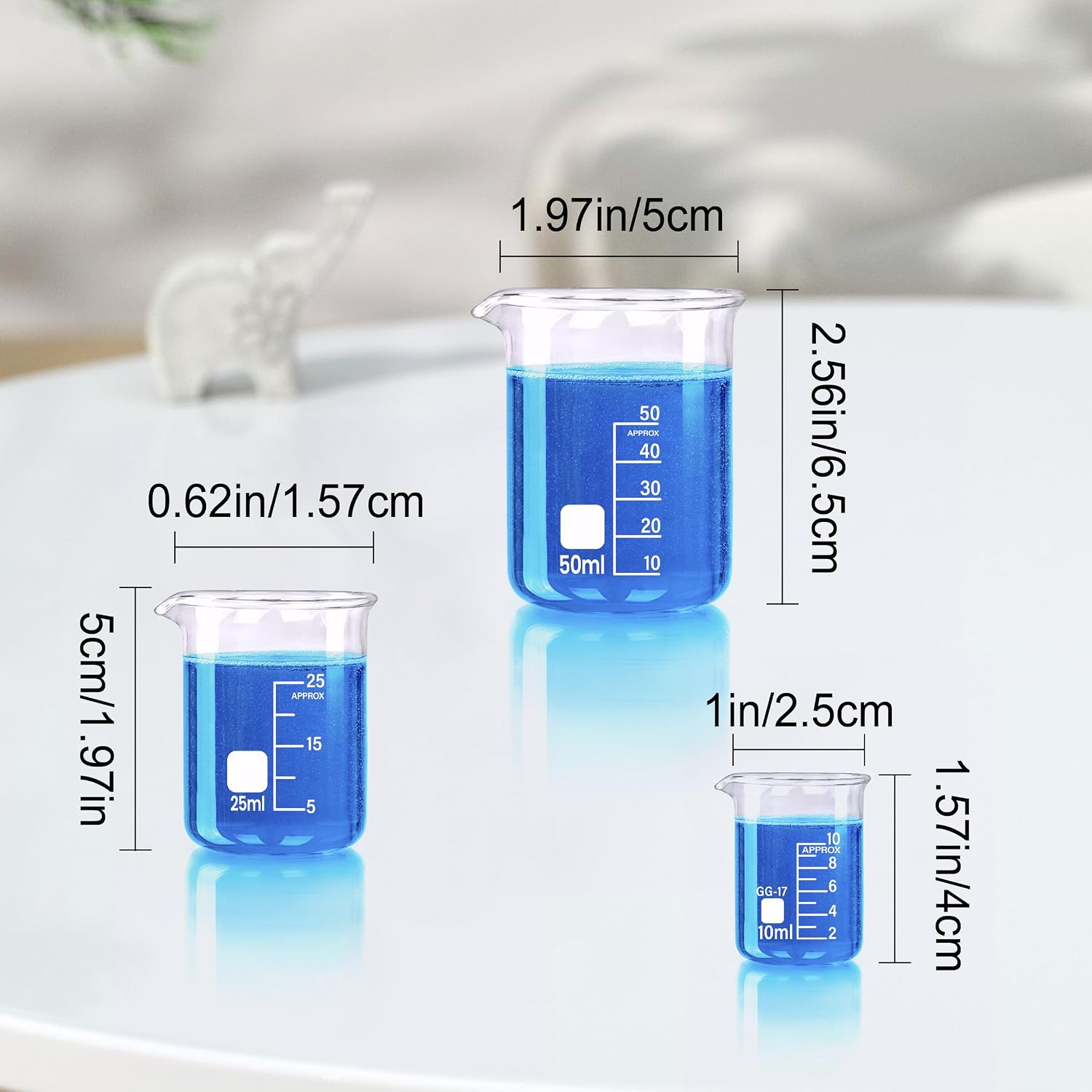 Glass Beakers Set, 5 Sizes - 10ml, 25ml, 50ml, 100ml, 250ml, 3.3 Borosilicate Beaker for Laboratories, Classrooms or